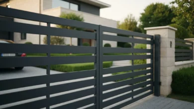 Photo en plan large de l’entrée d’une maison contemporaine avec un portail en aluminium gris anthracite légèrement ajouré, motorisé, vu en fin de journée. La façade de la maison est claire, le jardin est soigné, une voiture est partiellement visible derrière le portail. L’image transmet une impression de sécurité, de modernité et de confort.