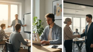 Photo lumineuse d’un jeune adulte devant un bureau, partagé en trois zones distinctes : à gauche, une salle de cours avec un formateur et des élèves en présentiel ; au centre, la même personne en visioconférence sur un ordinateur portable, casque sur les oreilles ; à droite, la personne en tenue professionnelle dans une entreprise, en discussion avec un tuteur. L’ensemble évoque le choix entre plusieurs formats de formation, dans une ambiance moderne et positive.