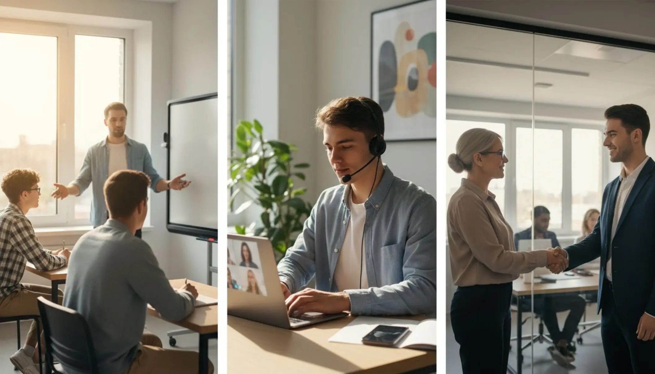 Photo lumineuse d’un jeune adulte devant un bureau, partagé en trois zones distinctes : à gauche, une salle de cours avec un formateur et des élèves en présentiel ; au centre, la même personne en visioconférence sur un ordinateur portable, casque sur les oreilles ; à droite, la personne en tenue professionnelle dans une entreprise, en discussion avec un tuteur. L’ensemble évoque le choix entre plusieurs formats de formation, dans une ambiance moderne et positive.
