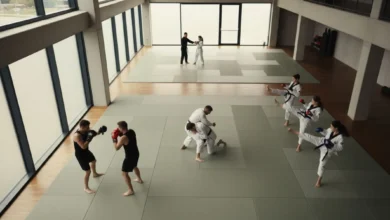 Photo horizontale haute résolution d’un grand dojo moderne vu de dessus, où plusieurs petits groupes pratiquent des disciplines différentes : un duo en kimono blanc au sol façon jiu-jitsu brésilien, un groupe qui enchaîne des coups de pied type taekwondo, deux personnes en tenue de boxe avec gants et pattes d’ours, et au fond un instructeur montrant une technique de self-défense à une femme débutante. Lumière naturelle, ambiance dynamique mais bienveillante, diversité d’âges et de morphologies pour suggérer que chacun peut trouver sa place.