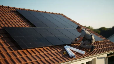 Vue en légère contre-plongée d’une maison individuelle avec une toiture neuve en tuiles, dont une grande partie est couverte de panneaux photovoltaïques noirs bien intégrés. Le ciel est bleu clair, le soleil bas illumine la toiture. Au premier plan, on distingue un artisan équipé d’un harnais de sécurité en train de fixer un panneau, avec à ses pieds des plans de toiture et un mètre ruban, évoquant un chantier professionnel et soigné.