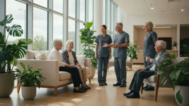 Photo lumineuse d’une résidence services moderne : un hall d’entrée avec grande baie vitrée, canapé confortable, plantes vertes et quelques seniors autonomes qui discutent avec un personnel en tenue professionnelle, ambiance chaleureuse et rassurante.