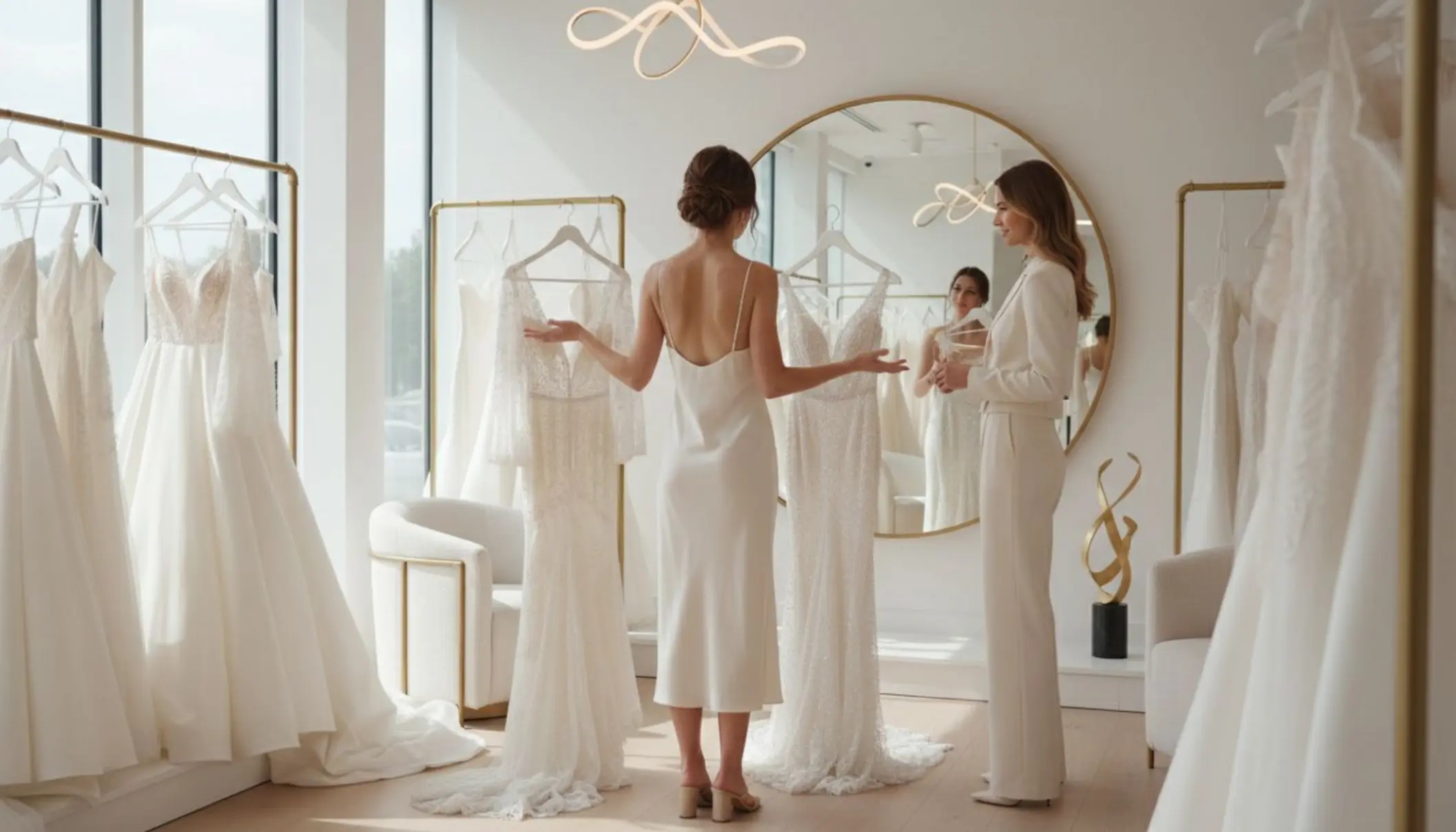 Photo lumineuse en format horizontal d'une future mariée vue de dos dans un showroom de robes de mariée moderne. Elle est entourée de plusieurs robes suspendues sur des portants, aux styles très différents (sirène, bohème, princesse). La mariée tient deux robes devant elle, hésitante, tandis qu'une amie ou une conseillère la regarde dans un grand miroir. La scène est élégante, contemporaine et épurée, avec des tons blancs, crème et dorés.
