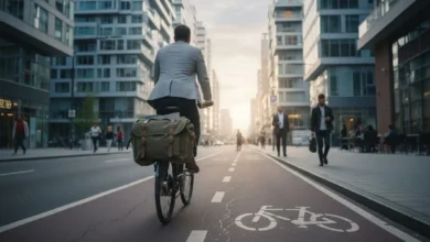 Photo en plan large d’une rue urbaine moderne avec piste cyclable : un cycliste en tenue de ville (pantalon, chemise ou manteau léger) roule sur un vélo équipé d’une sacoche latérale élégante, de couleur sobre, bien remplie. On distingue des immeubles contemporains, quelques piétons et un marquage vélo au sol. La sacoche est bien mise en valeur, fermetures visibles, aspect solide et urbain, ambiance de trajet domicile-travail au petit matin.