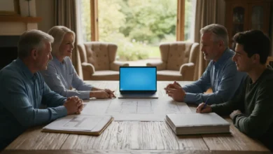 Photo horizontale d’une famille intergénérationnelle (grands-parents, parents, jeunes adultes) assise autour d’une grande table en bois, avec des plans de maison, un ordinateur portable et quelques dossiers ouverts. L’ambiance est sereine, les personnes échangent et sourient, lumière naturelle, décor de salon chaleureux avec vue sur un jardin, évoquant à la fois l’immobilier et la transmission familiale apaisée.