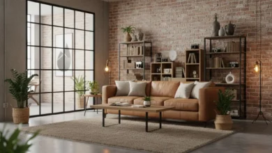 Photo en lumière naturelle d’un salon de style industriel chaleureux : murs en briques apparentes, grande verrière noire, sol en béton ciré adouci par un grand tapis en laine, canapé en cuir camel avec coussins en lin, quelques plantes vertes, lampes à ampoules apparentes avec lumière chaude et étagères en métal noir et bois brut garnies de livres et d’objets vintage.