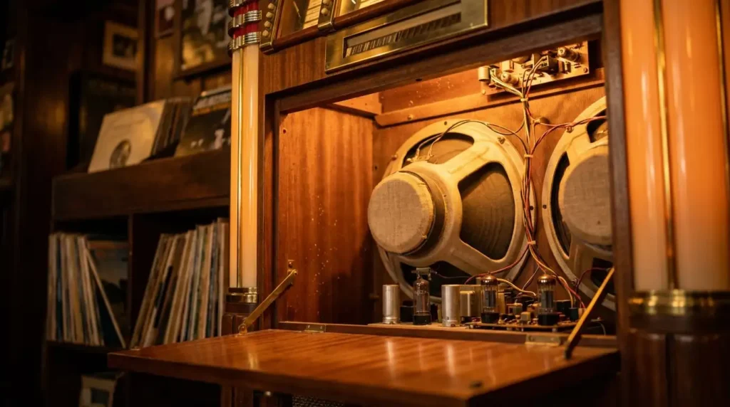 Systeme audio haut de gamme avec haut parleurs integres dans un jukebox ouvert