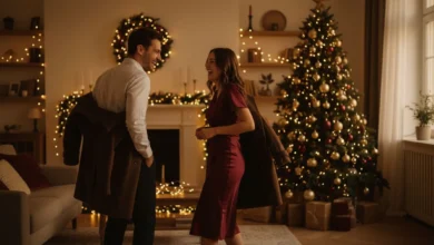 Photo lumineuse d’un salon décoré pour les fêtes avec guirlandes et sapin, au premier plan deux silhouettes de dos, un homme en pantalon sombre et chemise claire, une femme en robe midi satinée, tous deux en train de rire en mettant leurs manteaux. Ambiance chaleureuse, couleurs dorées et bordeaux, lumière douce de fin de journée, style chic mais décontracté, tenues réalistes et facilement imitables.
