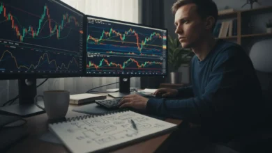 Photo en contre-plongée d’un ou une trader amateur devant deux écrans d’ordinateur, affichant des graphiques de marchés financiers colorés. La pièce est légèrement sombre, éclairée par la lumière des écrans, avec une tasse de café et un carnet de notes ouvert rempli de schémas et chiffres, pour suggérer à la fois la concentration, le travail préparatoire et l’aspect sérieux du trading en ligne.