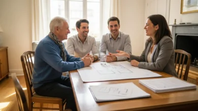 Photo lumineuse d’un couple de seniors assis à la table de leur salon, souriants, en train d’échanger avec un jeune couple et un conseiller immobilier. Sur la table, des plans et documents de maison sont visibles. L’ambiance est sereine et rassurante, pour illustrer un accord gagnant-gagnant autour d’un viager.