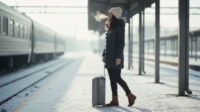 Photo en plan moyen d’une voyageuse debout sur un quai de gare enneigé, portant une doudoune fine et bien coupée, un bonnet en laine et des bottines, un bagage cabine à la main. La tenue est clairement hivernale mais reste ajustée et élégante, sans effet « bonhomme Michelin ». La scène est lumineuse, ambiance matin d’hiver, avec une légère vapeur sortant de sa bouche.