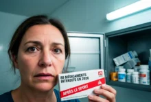 Personne inquiète tenant une boîte de médicaments devant son armoire à pharmacie ouverte dans sa salle de bain