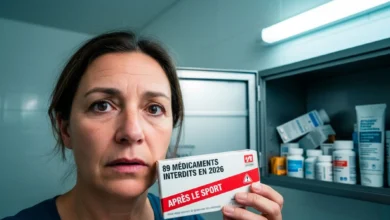 Personne inquiète tenant une boîte de médicaments devant son armoire à pharmacie ouverte dans sa salle de bain