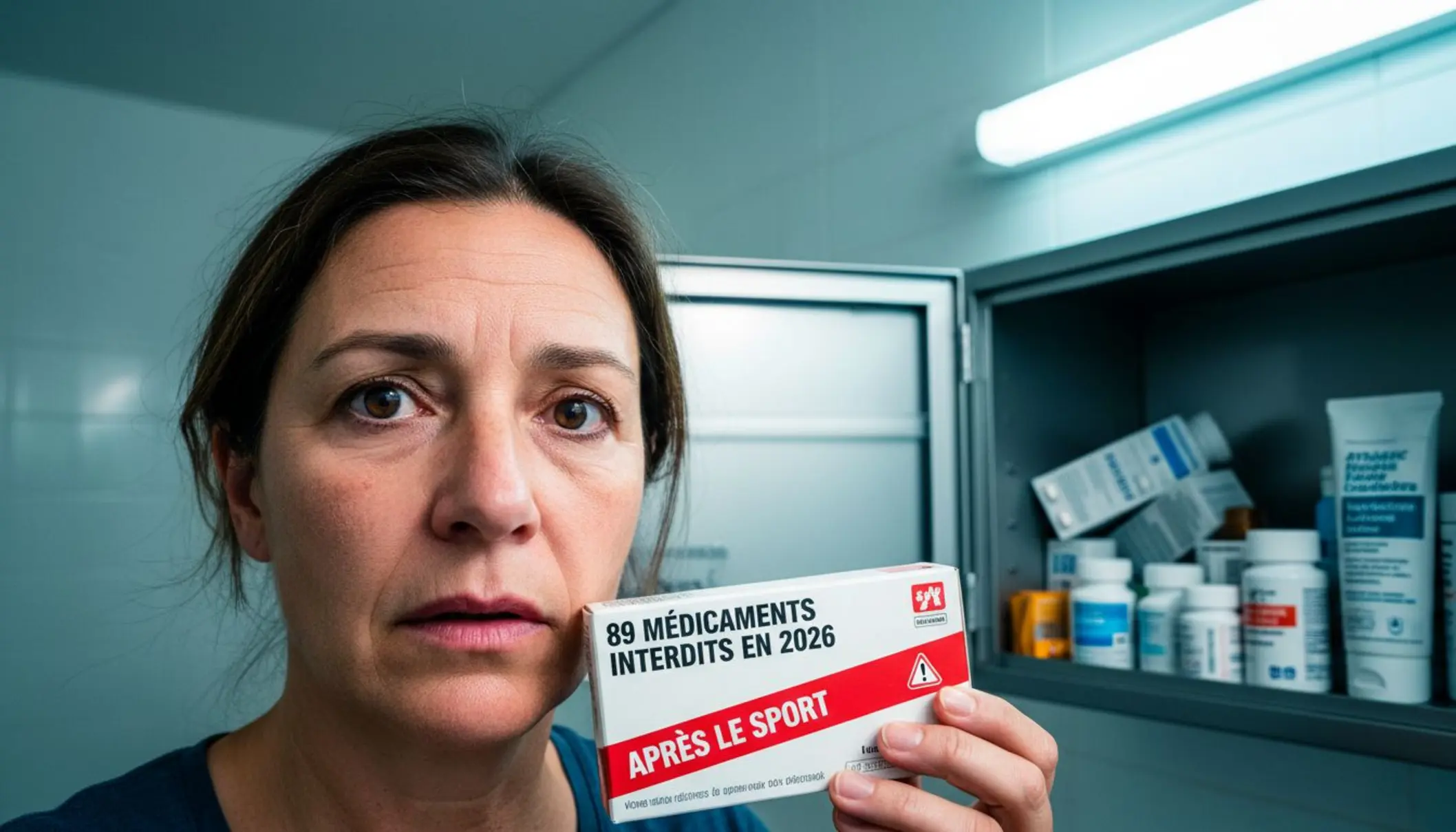 Personne inquiète tenant une boîte de médicaments devant son armoire à pharmacie ouverte dans sa salle de bain