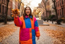 Femme souriante portant un manteau oversize coloré dans une rue d'automne avec feuilles mortes