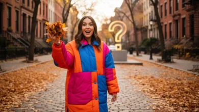 Femme souriante portant un manteau oversize coloré dans une rue d'automne avec feuilles mortes