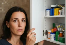 Femme inquiète devant une armoire à pharmacie ouverte remplie de boîtes de médicaments colorées dans une salle de bain