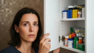 Femme inquiète devant une armoire à pharmacie ouverte remplie de boîtes de médicaments colorées dans une salle de bain