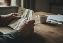 Mains tenant une lettre froissée sur une table de cuisine, tasse de café en arrière-plan flou
