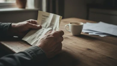 Mains tenant une lettre froissée sur une table de cuisine, tasse de café en arrière-plan flou