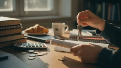 Mains d'étudiant tenant des clés et un contrat de location sur un bureau avec pièces de monnaie