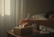 Main saisissant une boîte de mouchoirs sur une table de chevet, flacons de médicaments flous en arrière-plan