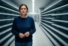 Femme inquiète dans une allée de supermarché aux rayons partiellement vides, éclairage artificiel