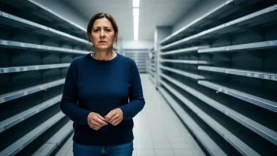 Femme inquiète dans une allée de supermarché aux rayons partiellement vides, éclairage artificiel
