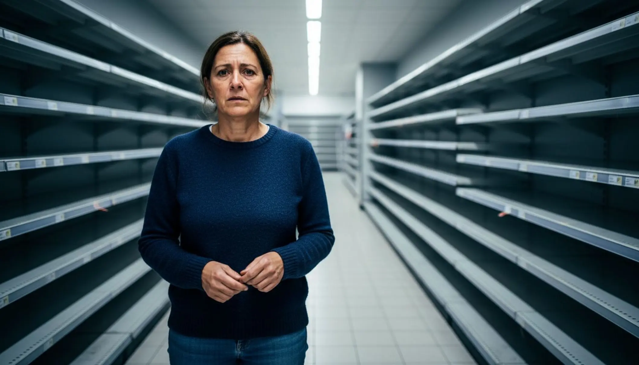 Femme inquiète dans une allée de supermarché aux rayons partiellement vides, éclairage artificiel