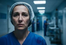 Infirmière au visage inquiet dans un couloir d'hôpital sous éclairage fluorescent, portant une blouse médicale bleue
