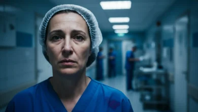 Infirmière au visage inquiet dans un couloir d'hôpital sous éclairage fluorescent, portant une blouse médicale bleue