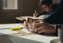 Mains tenant des documents d'examen annotés sur un bureau encombré de notes de révision