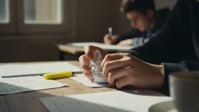 Mains tenant des documents d'examen annotés sur un bureau encombré de notes de révision