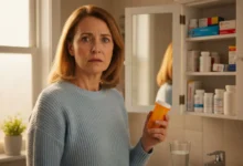 Femme inquiète tenant un flacon de médicaments devant son armoire à pharmacie ouverte dans sa salle de bain
