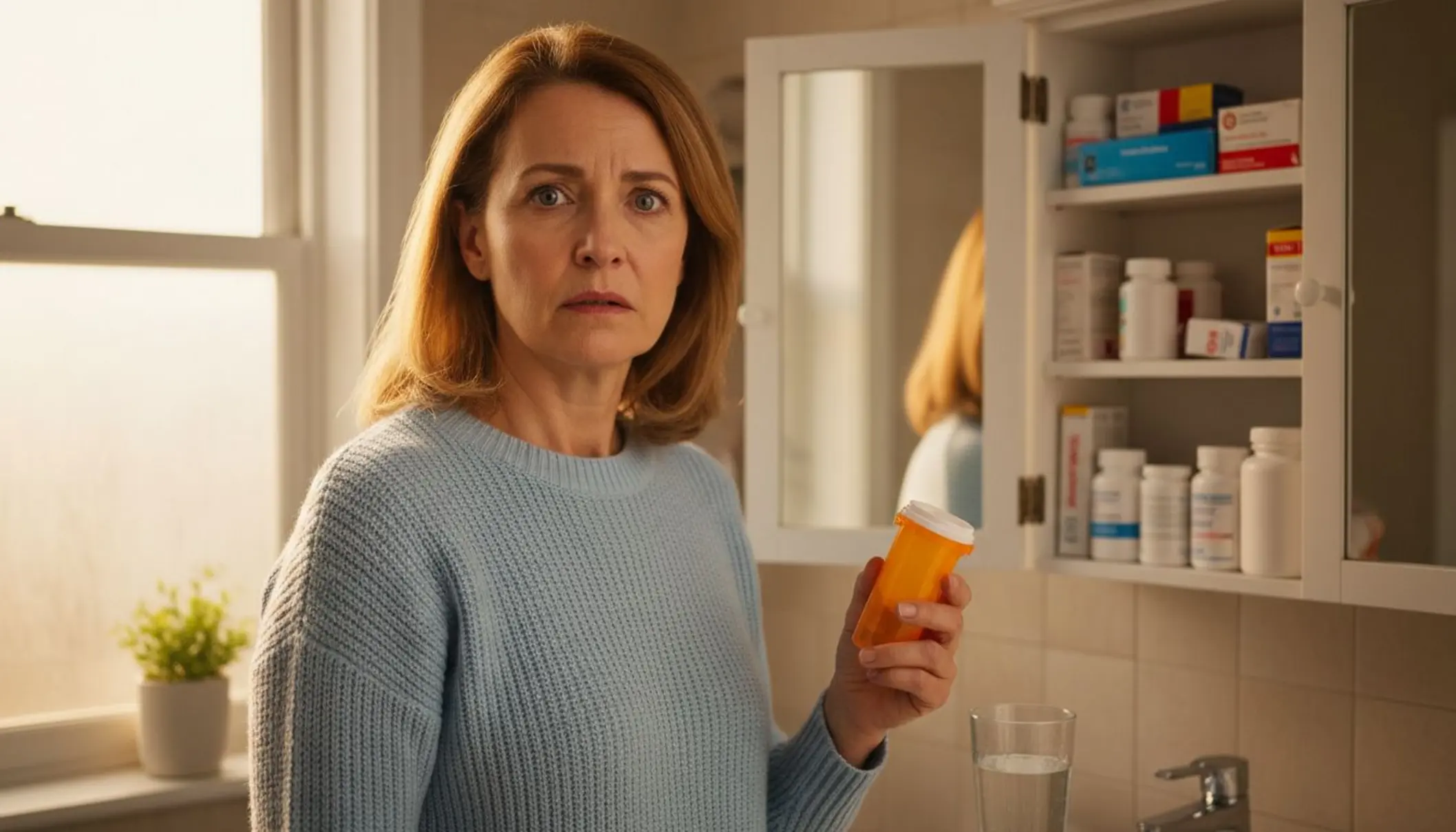 Femme inquiète tenant un flacon de médicaments devant son armoire à pharmacie ouverte dans sa salle de bain