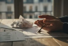 Mains tenant une clé de maison et des documents de diagnostic immobilier sur une table en bois