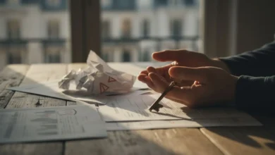 Mains tenant une clé de maison et des documents de diagnostic immobilier sur une table en bois
