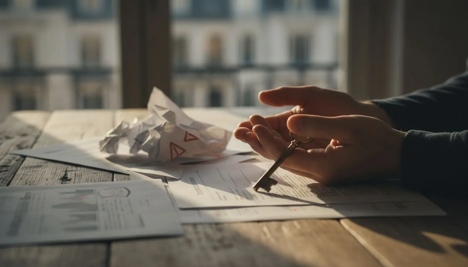 Mains tenant une clé de maison et des documents de diagnostic immobilier sur une table en bois