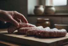 Saucisses de porc crues sur une planche à découper en bois, éclairage naturel de cuisine