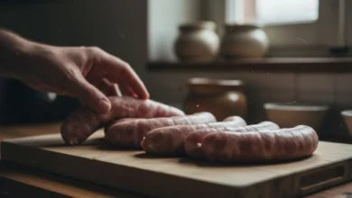 Saucisses de porc crues sur une planche à découper en bois, éclairage naturel de cuisine