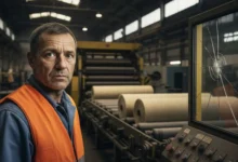 Ouvrier d'usine inquiet devant une chaîne de production de matériaux isolants à l'arrêt, gilet orange
