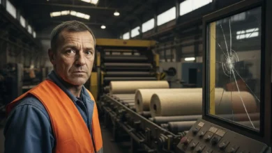 Ouvrier d'usine inquiet devant une chaîne de production de matériaux isolants à l'arrêt, gilet orange