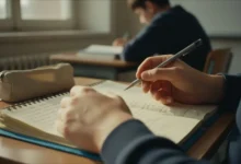 Mains d'adolescent tenant un cahier scolaire usé sur un bureau de classe, lumière naturelle de fenêtre