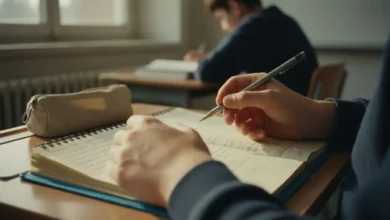 Mains d'adolescent tenant un cahier scolaire usé sur un bureau de classe, lumière naturelle de fenêtre