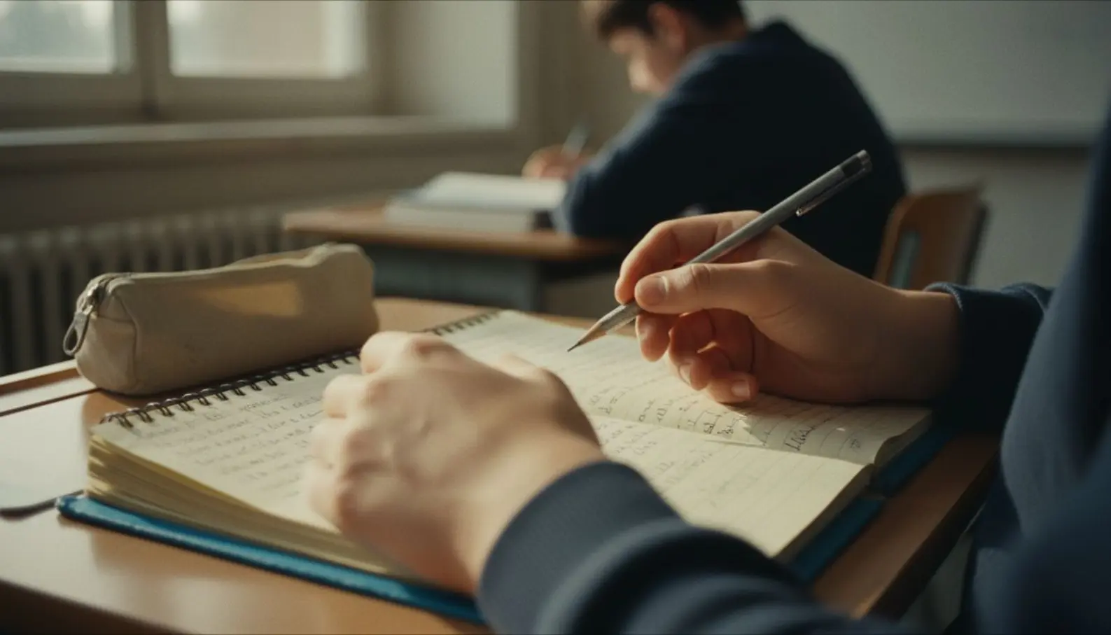 Mains d'adolescent tenant un cahier scolaire usé sur un bureau de classe, lumière naturelle de fenêtre