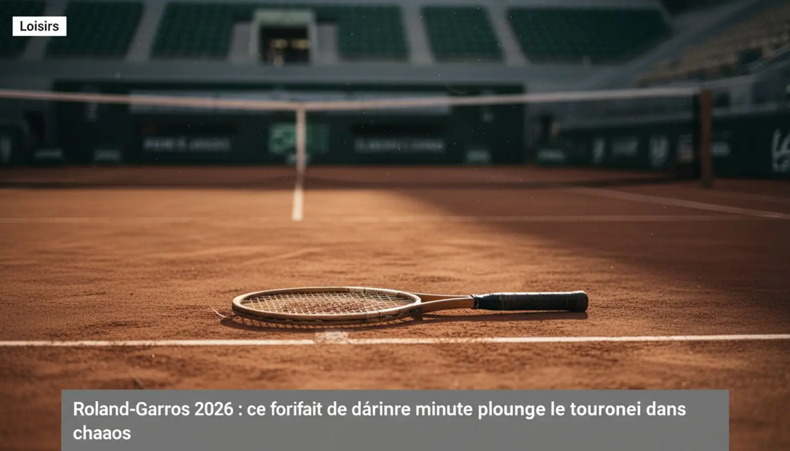 Raquette de tennis abandonnée sur terre battue rouge du court central, ombres allongées de fin de journée