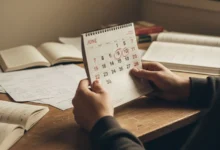 Mains d'élève tenant un calendrier avec dates de juin entourées en rouge, notes de révision floues en arrière-plan