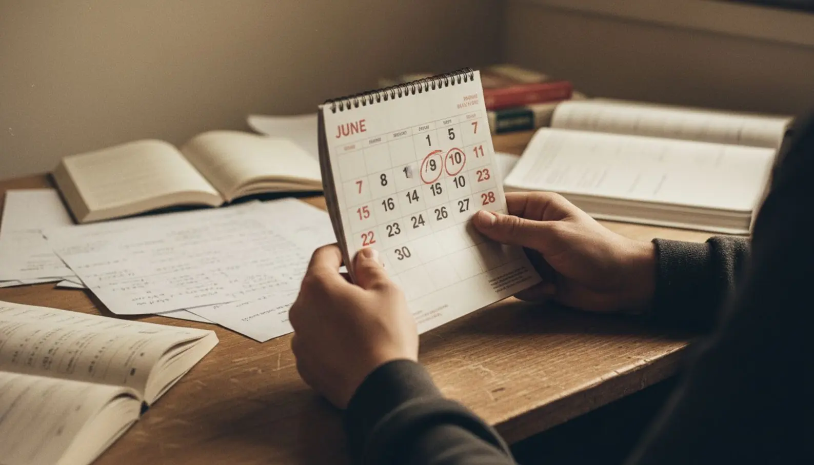 Mains d'élève tenant un calendrier avec dates de juin entourées en rouge, notes de révision floues en arrière-plan