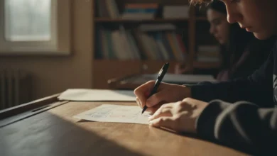 Mains d'un adolescent signant un document administratif sur un bureau, stylo en mouvement, lumière naturelle