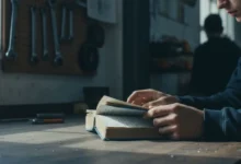 Mains d'un élève tenant un carnet de stage usé sur une table d'atelier, outils flous en arrière-plan